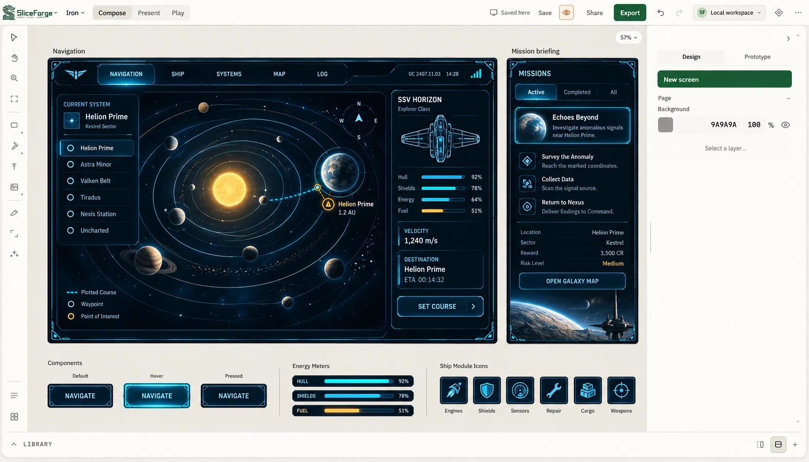 A science-fiction game interface arranged in the SliceForge workspace